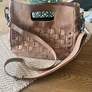 Bed Stu ORCHID Tan Woven Leather Crossbody with Top Handle. Removable Strap.